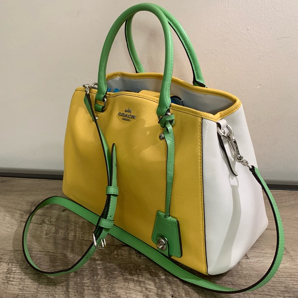COACH Yellow Green White MARGOT ColorBlock LEATHER Carryall CROSS BODY Bag PURSE